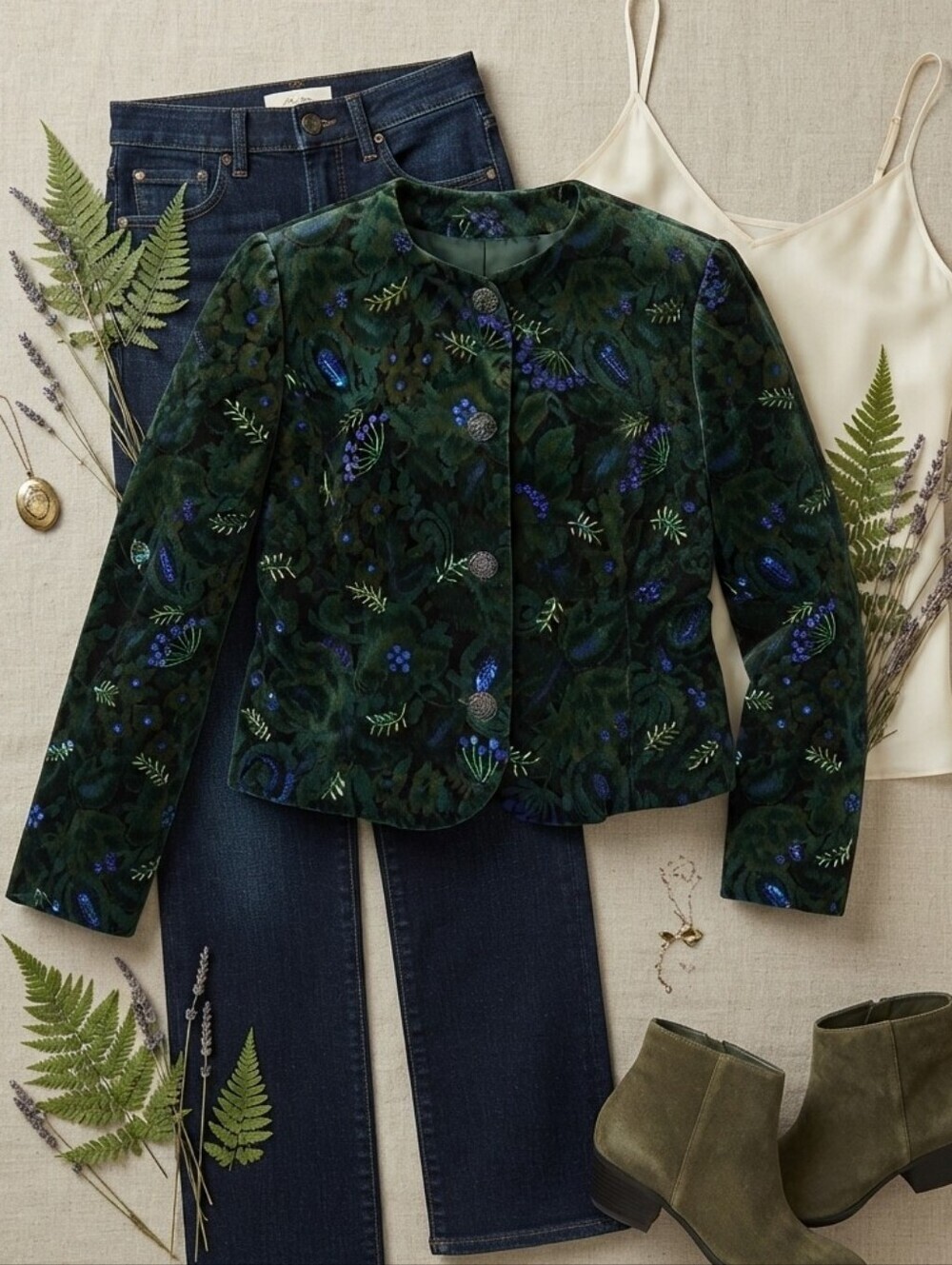 Moody Botanical Velvet Sequin Beaded Button Down Statement Jacket